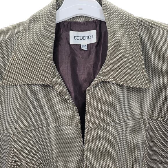 Studio I Womans size 20W Open Front Blazer Brown & White Twill Cropped Lined NEW - Picture 2 of 8